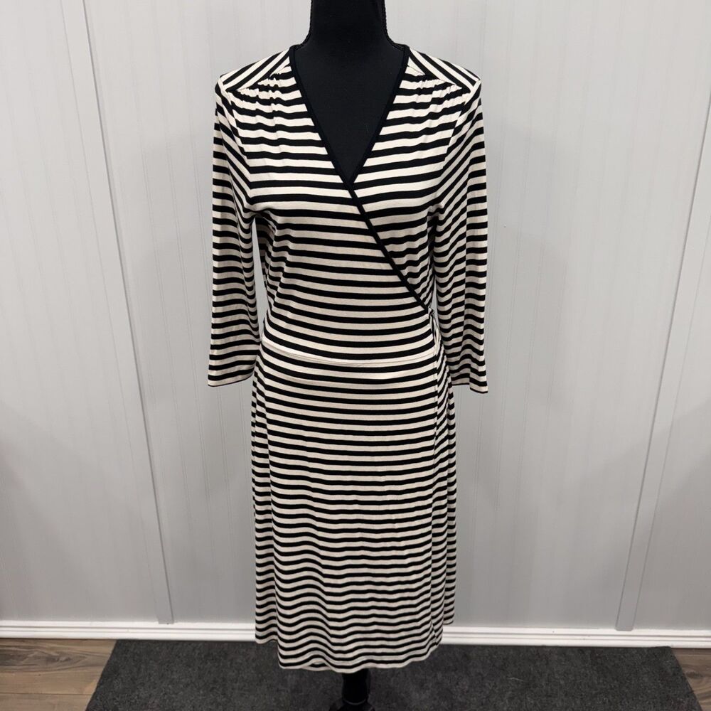 NWT Banana Republic Women's Medium Black/Cream Striped 3/4 Sleeve Wrap Dress